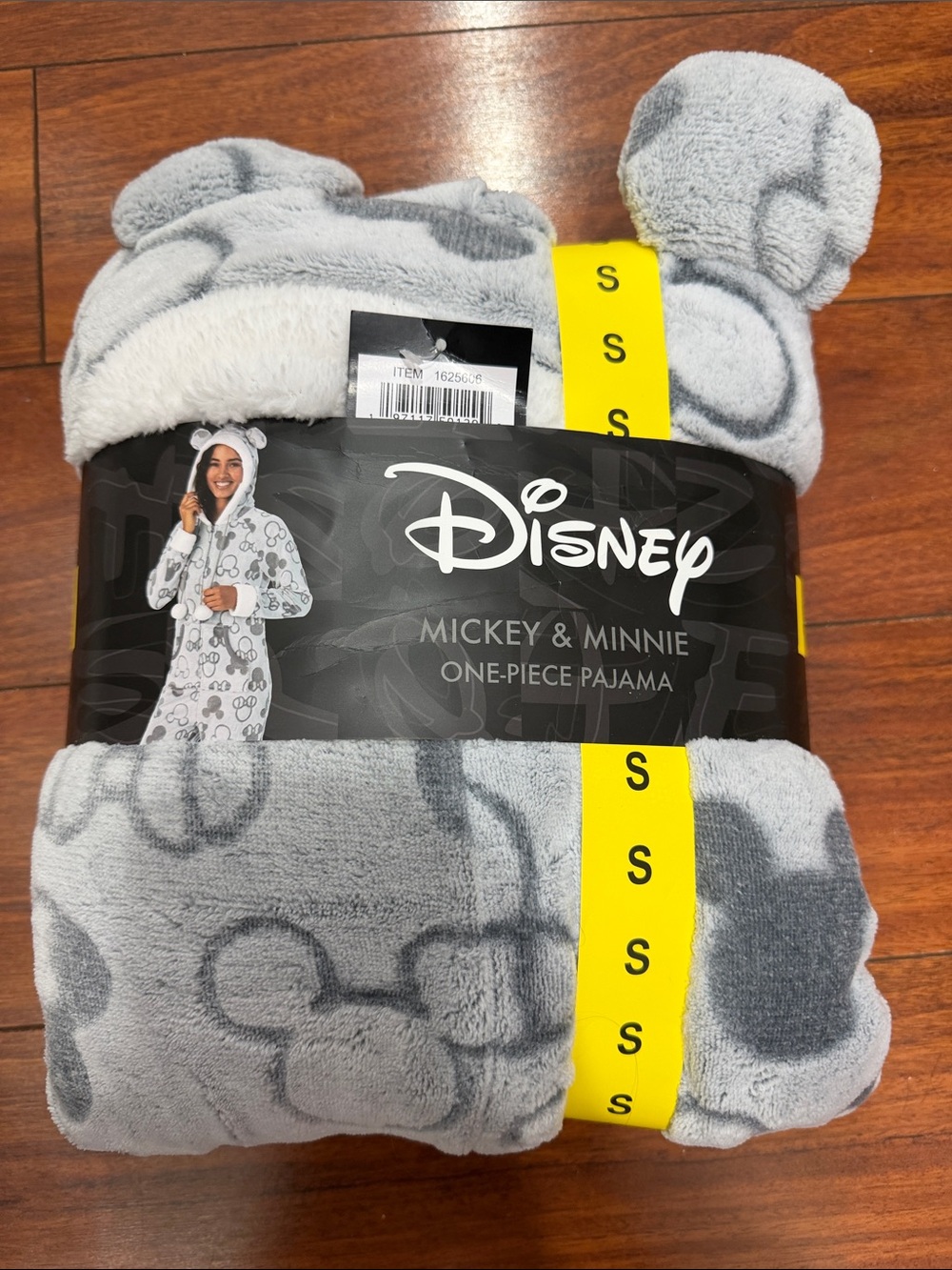 NWT Disney Gray Mickey & Minnie Plush Onesie One-Piece Pajama with Hooded Ears - Picture 1 of 5